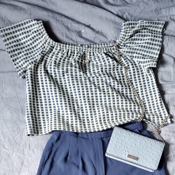*Clearance*❗❗Zara Trafaluc Off Shoulder Blue Checkerboard Blouse - Picture 4 of 8